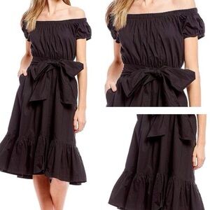 Cremieux Amber Off-The-Shoulder Flounce Hem Tie Waist Midi Dress Black
